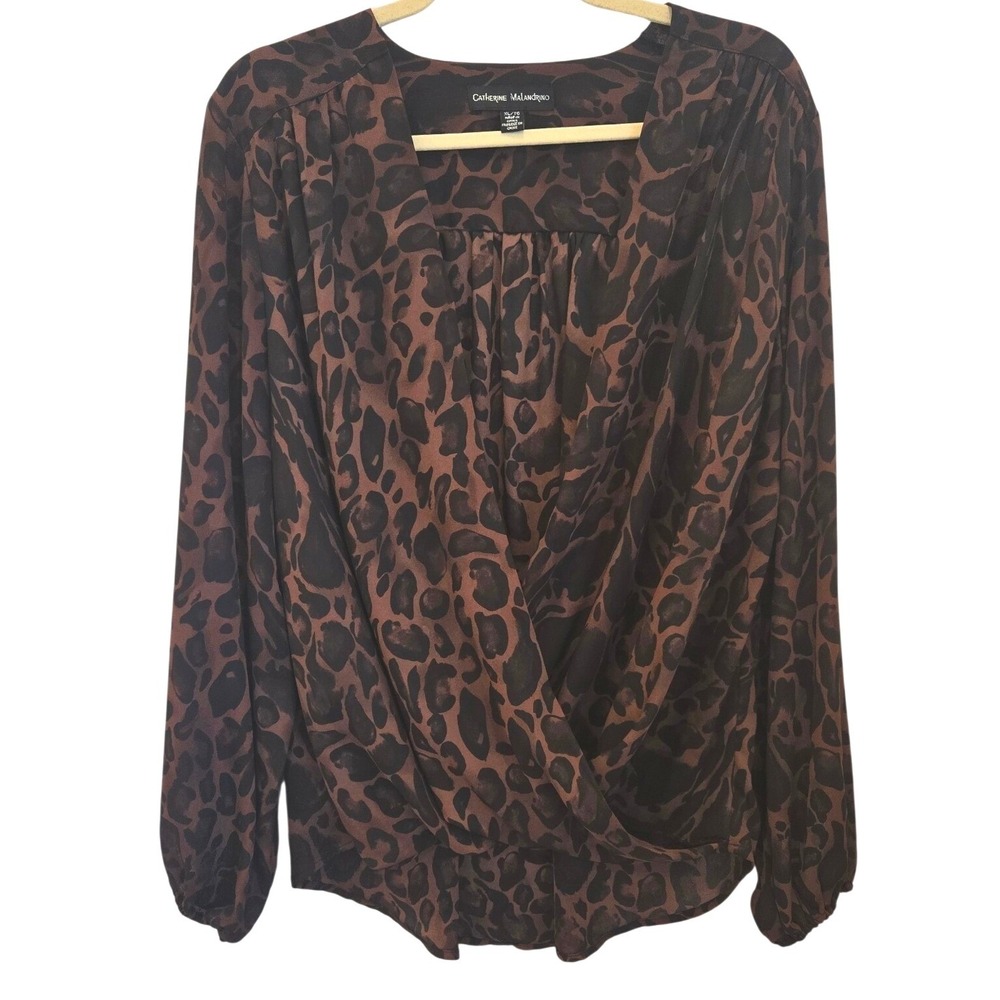 Catherine Malandrino Leopard Wrap Blouse Top Long Sleeve XL Mob Wife Office Chic